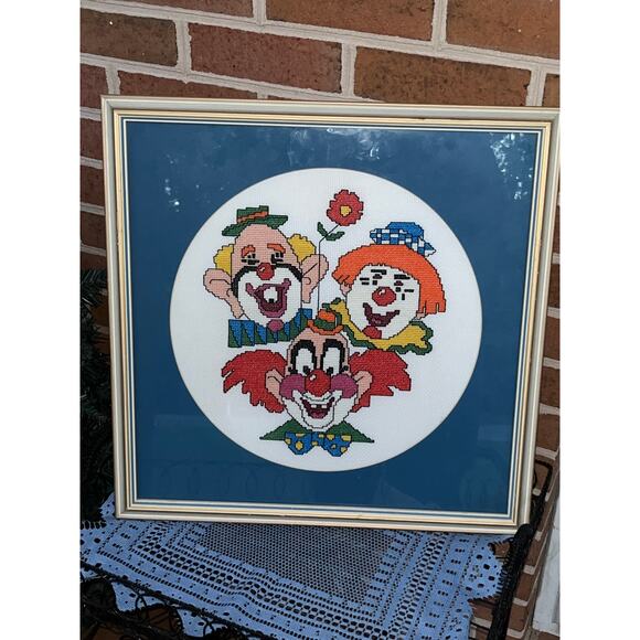 Framed Hand-Crafted Three Clowns Needlepoint Wall Decor Bozo Flowers,New Products : American Fashion Style Bags On Sale
